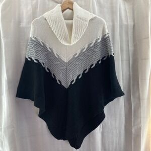 Talbots Womens Poncho Sweater Cowl‎ Neck Black White Gray Knit Size L